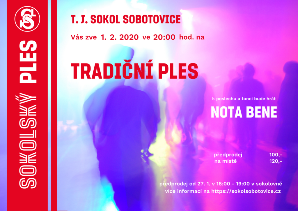 Plakát zve na tradiční sokolský ples v Sobotovicích 1. 2. 2020 ve 20:00