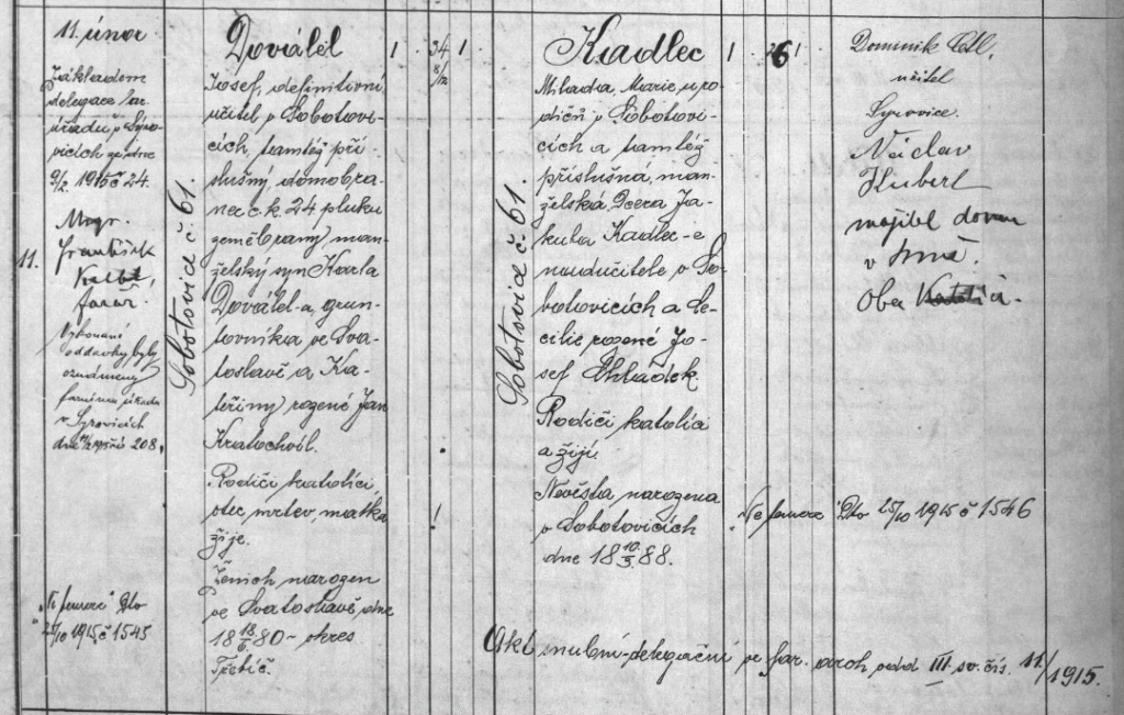Zápis z oddací matriky se zdokumentovaným sňatkem Josefa Doválela a Milady Kadlecové.