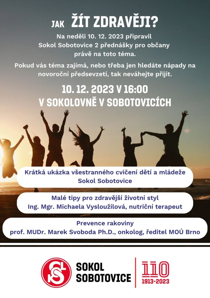 Plakát, který zve na 2 přednáčky konané dne 10. 12. 2023 v 16:00 v sokolovně v Sobotovicích